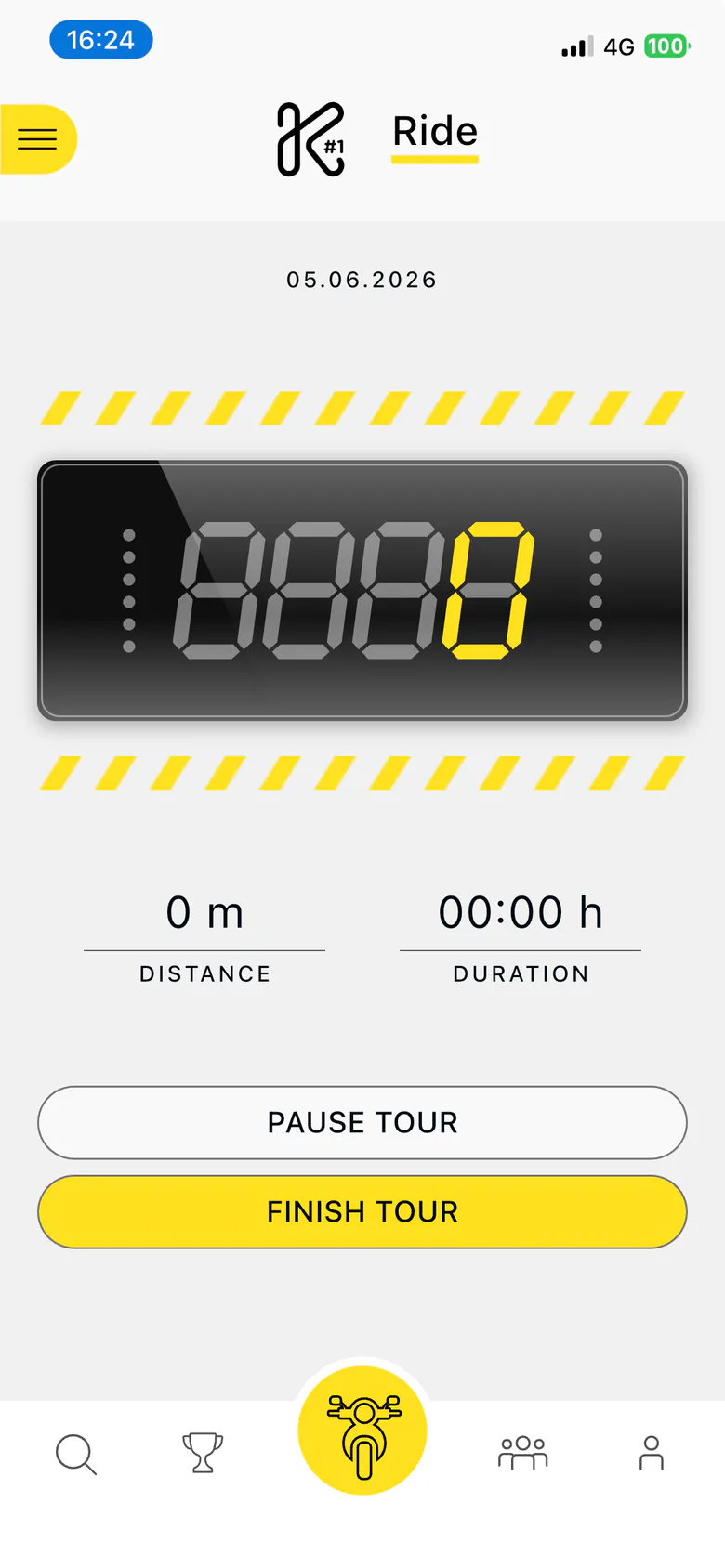Old Ride tab: a seven-segment curve counter at zero between yellow hazard stripes, distance and duration at zero, and Pause Tour and Finish Tour buttons.
