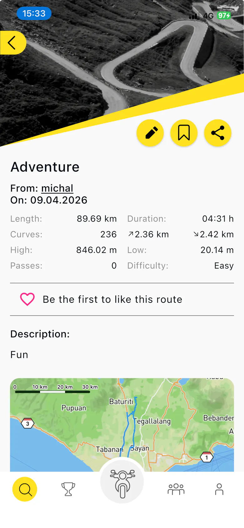 Old tour details screen: a black-and-white mountain-road header cut by a yellow diagonal, edit, bookmark and share buttons, the tour's statistics, a like row, a description and a route map.